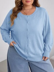 SHEIN CURVE+ Plus Size Casual Solid Color Round Neck Long Sleeved Loose Cut Women's Yellow Sweater Cardigan, Winter - Blue - View 5