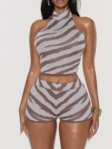 MUSERA Zebra Print Knit Halterneck Top And Micro Short Set Winter Fall Womens Co Ord Going Out Outfit Party - Multicolor - View 1