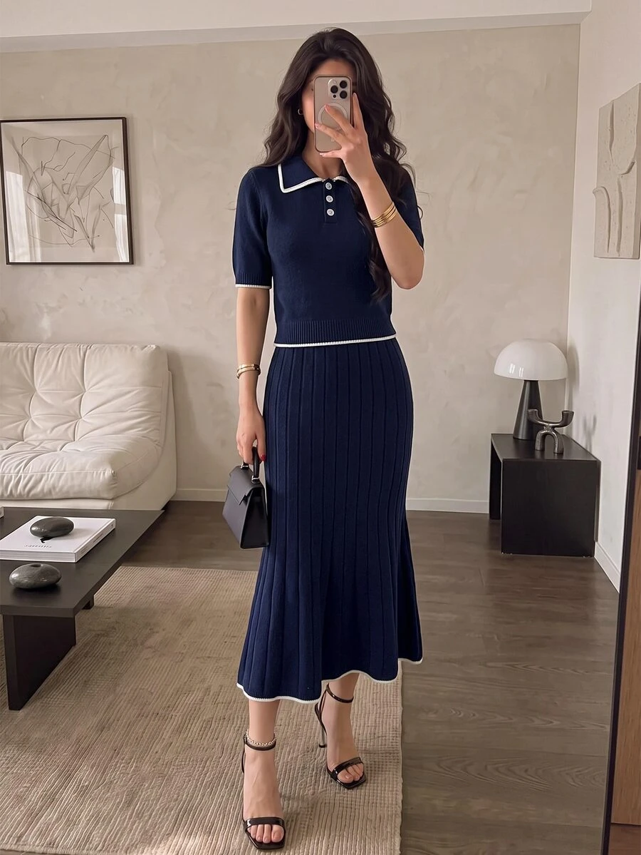 Modelyn POLO Collar Button-Up Slim Fit Waist-Cinching Navy Blue Short Sleeve 2 Pieces Knit Sweater Set