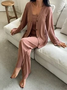 DAZY طقم ملابس منزلية نسائي من 3 قطع بتصميم بسيط بلون موحد مع روب مخملي وكاميول وبنطال طويل لفصلي الربيع والخريف والشتاء - وردي المرجاني - مشاهدة 9