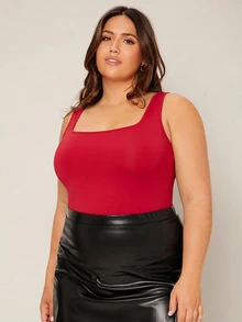 SHEIN BASICS 大尺碼挖領素色背心上衣 夏季上衣 - 紅色 - 查看 6