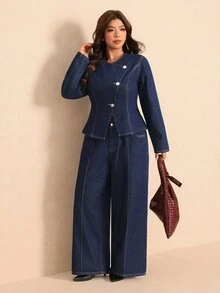Elaquor Plus Size Autumn Casual Commute Jacket & Jeans 2 Pieces Set, Fall Winter Outfits For Women, Asymmetrical Denim Set, Office, Business, Commuter Set. - Blue - View 2