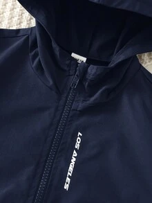 SHEIN 兒童小男孩休閒日常百搭舒適字母印花連帽寬鬆長袖薄款梭織外套 - 藏蓝色 - 查看 5