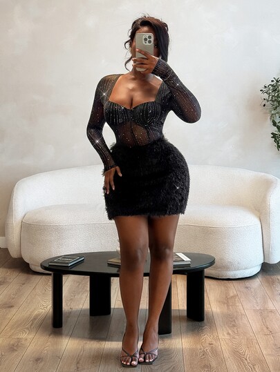 BamGleam 2026 Early Autumn/Winter Sexy Party Sequin Glitter Elastic Mesh Patchwork Thin Fleece Underwire Cup Bodycon Short Dress For Women