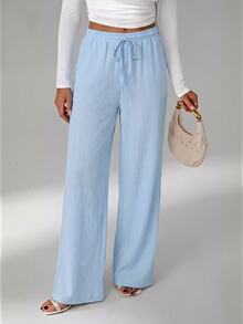 SHEIN Tall Loose Drawstring Waist Trousers In Textured Crinkle Fabric - Sky Blue - View 4
