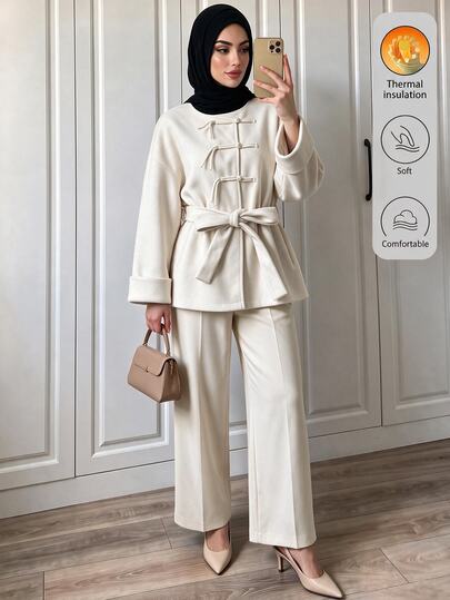 Selianne Chinese Style New Chinese Diagonal Collar Frog Button Wool Short Jacket, Tie Waist, Dropped Shoulder, Long Sleeve, Solid Color Loose Wool Coat, Muslim Modest Elegant Outfit