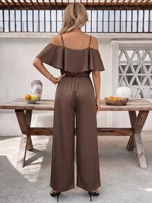 SHEIN Clasi 女款純色荷葉邊露肩時尚連身褲，度假穿搭 - 咖啡棕 - 查看 2