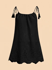 Travachic 女款純色鏤空刺繡肩部流蘇結飾肩帶罩衫洋裝 - 黑色 - 查看 6