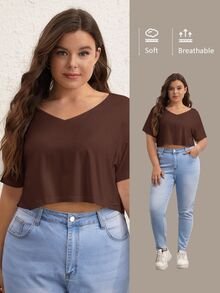 SHEIN BASICS 大尺碼純色V領短版T恤 夏季女款上衣 夏日穿搭 - 咖啡棕 - 查看 7