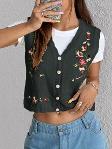 Rivivi Sweet Casual Cottagecore Vintage Versatile Embroidered Knit Vest Everyday Dark Grey Summer - Multicolor - View 4