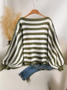 CosyJoli Plus Size Women's Fashion Casual Kawaii Olive Green Striped Loose Pullover Sweater, Versatile Commuter Top For Autumn/Winter Formal Vacation Top - Multicolor - View 3