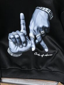 SHEIN 兒童青少年男孩休閒運動黑色連帽衛衣，Y2K嘻哈搖滾風，適合秋冬、校園、家庭聚會、度假、派對穿著 - 黑色 - 查看 4
