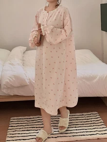 Dazy Plus Bow Print All-Over Floral Loose Casual Long Sleeve Cute Pajama Dress For Girls, Spring/Autumn - Pink - View 3