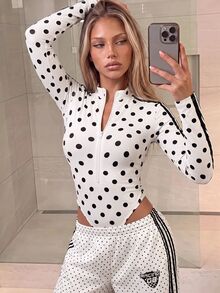 SHEIN ICON 女款波點印花長袖前拉鍊休閒連身衣 - 藍色 - 查看 5