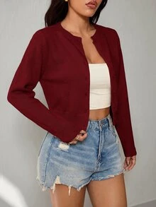 SHEIN PETITE 女款純色休閒百搭日常外出辦公開襟衫 酒紅色 秋季 - 紅色 - 查看 6
