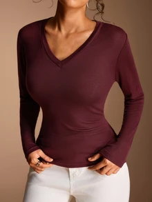 SHEIN BASICS 女款純色修身百搭日常長袖T恤 - 酒紅色 - 查看 3