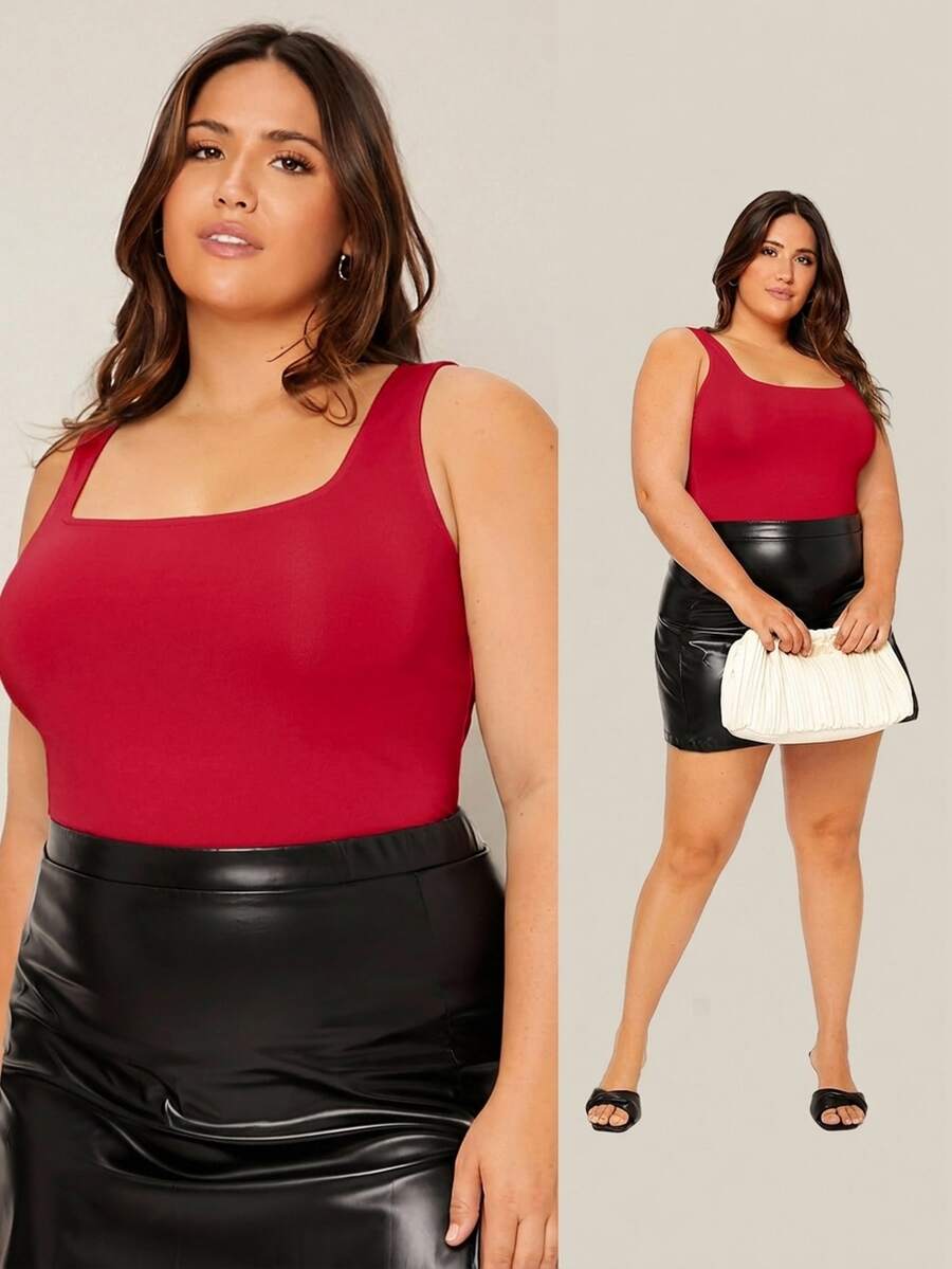 SHEIN BASICS 大尺碼挖領素色背心上衣 夏季上衣 - 紅色 - 查看 1