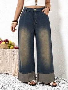 SHEIN ICON Plus Size Women's Casual Versatile Daily Wear Denim Jeans With Pockets And Buttons - Dark Wash - View 6