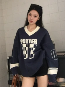 DAZY Women's Casual Letter Pattern Sweater, Autumn/Winter Cute Tops - Navy Blue - View 6