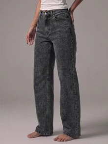 MUSERA 中腰直筒修身白色水洗高腰牛仔褲 休閒冬季夜生活返校辦公工作約會簡約時尚春夏 - 黑色 - 查看 4