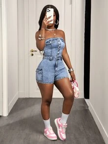 SHEIN PETITE Women's Single-Breasted Bandeau Cargo Pocket Denim Romper - Light Wash - View 6