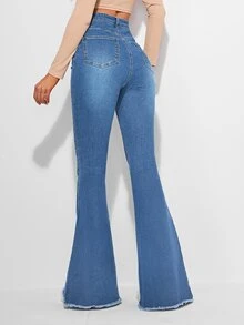 EMERY ROSE Raw Hem Flare Leg Vintage Jeans - Medium Wash - View 2
