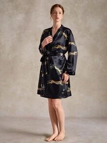 EverLounge Leopard Print Faux Silk Women's Long Sleeve Robe - Black - View 4