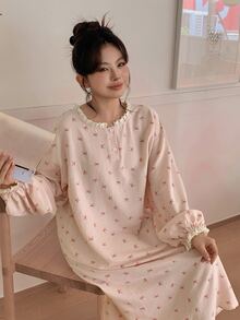Dazy Plus Bow Print All-Over Floral Loose Casual Long Sleeve Cute Pajama Dress For Girls, Spring/Autumn - Pink - View 8