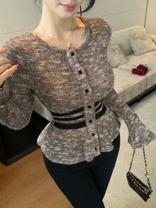 Joudiya Women's Autumn Fashion Contrast Color Striped Thin Cardigan - Brown - View 1