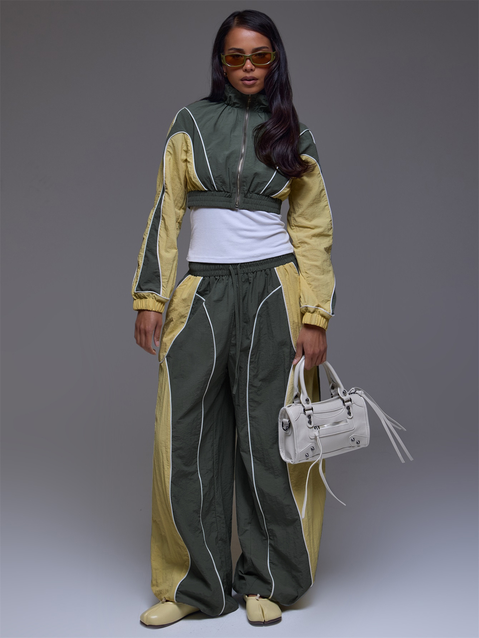 Grey Contrast Colour Ruched Funnel Neck Zip Up Super Cropped Jacket