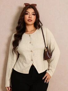 Elaquor Plus Size Autumn Casual Solid Color Front Button T-Shirt - Apricot - View 6