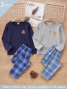 Young Boy Gray Long Sleeve Bear Patch Top & Plaid Pants Set Loungewear - Multicolor - View 1