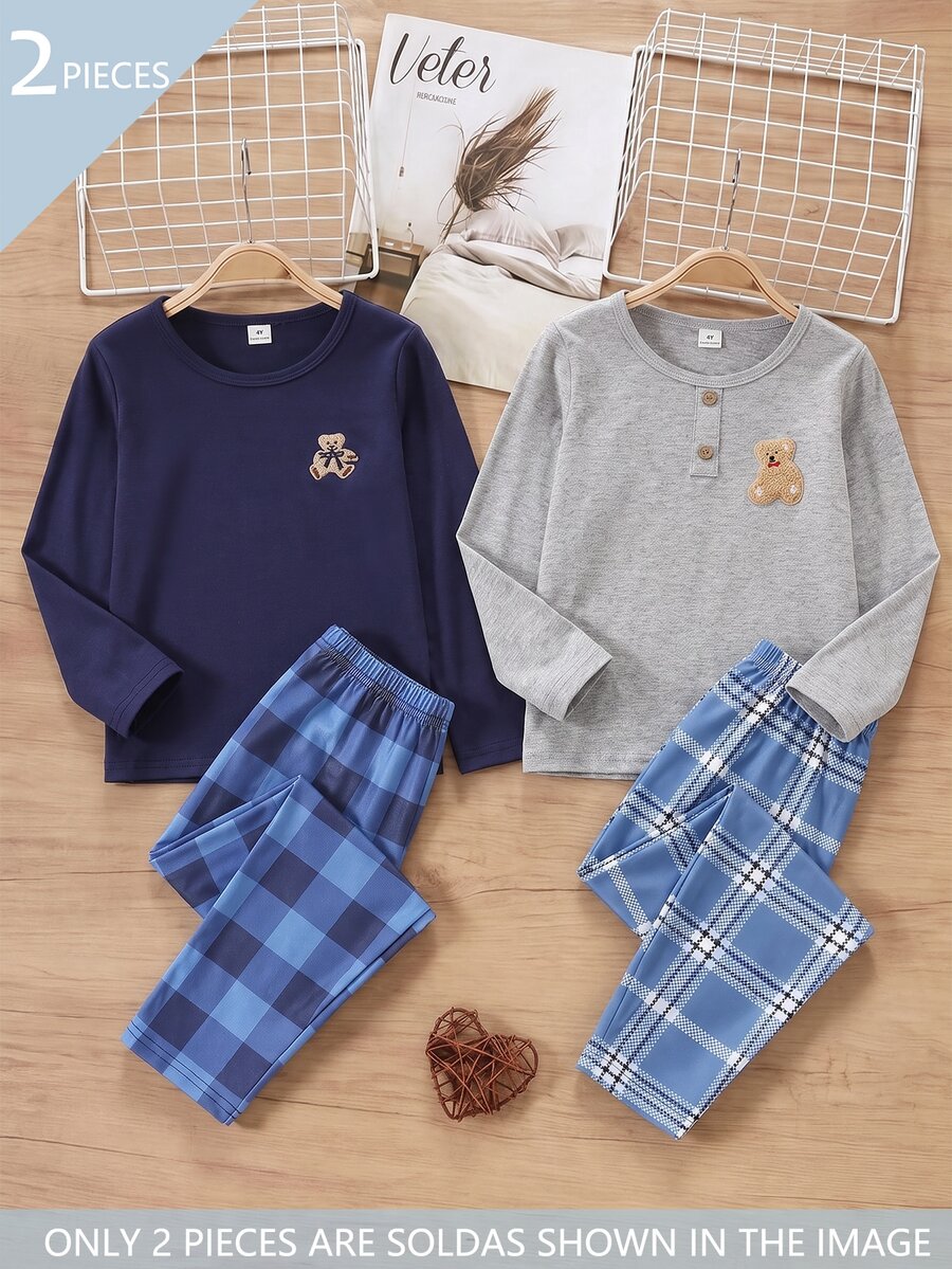 Young Boy Gray Long Sleeve Bear Patch Top & Plaid Pants Set Loungewear - Multicolor - View 1