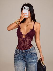 SHEIN PETITE 女款黑色蕾絲飾邊性感百搭透視連身衣，適合夏季度假 - 中紫紅色 - 查看 7