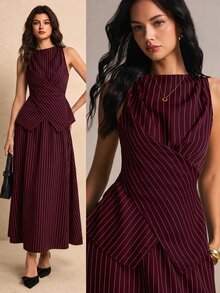 Poéselle Setelan 2 Potong Atasan Tank Top dan Rok Bergaris Elegan untuk Wanita untuk Beraktivitas di Luar Rumah - Burgundy - View 1