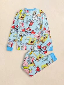 SpongeBob SquarePants | SHEIN Tween Boy Round Neck Long Sleeve Top And Pants Snug Fit Lounge Wear - Blue - View 2