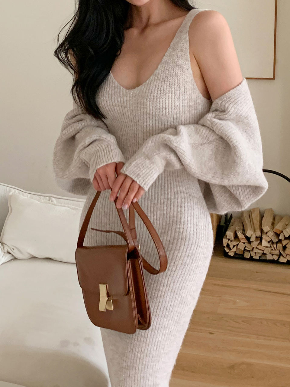 Women's Fitted Dress And Long Sleeve Cardigan Sweater 2 Pieces Set