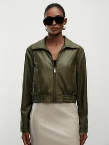Aveloria Modichic Women's Jacket Cropped Bomber PU Zip Up Lapel Elastic Hem Long Sleeve Pockets Streetwear Cool Casual Vintage Olive Green Solid Jacket Women's Jacket - Army Green - View 7