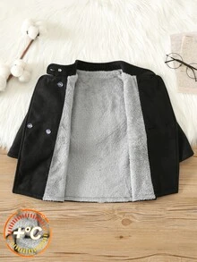 SHEIN 男女嬰幼兒/幼童秋冬保暖內裡加厚休閒時尚學院風黑色立領大衣，嬰兒棉襖冬外套，抓絨加厚 - 黑色 - 查看 5