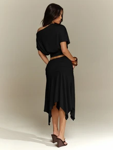 Denimoi 2 Pieces Set Asymmetrical Skirt And Off Shoulder Top Matching Set Vacation Outfits Brunch Summer - Black - View 7