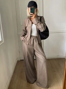DAZY طقم نسائي كاجوال من قطعتين بلون موحد، جاكيت بسحاب وأكمام طويلة وبنطال، للعمل والمكتب، لون رمادي داكن، خريف - كاكي - مشاهدة 3
