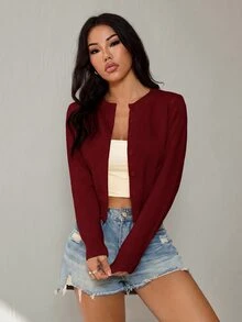 SHEIN PETITE 女款純色休閒百搭日常外出辦公開襟衫 酒紅色 秋季 - 紅色 - 查看 5