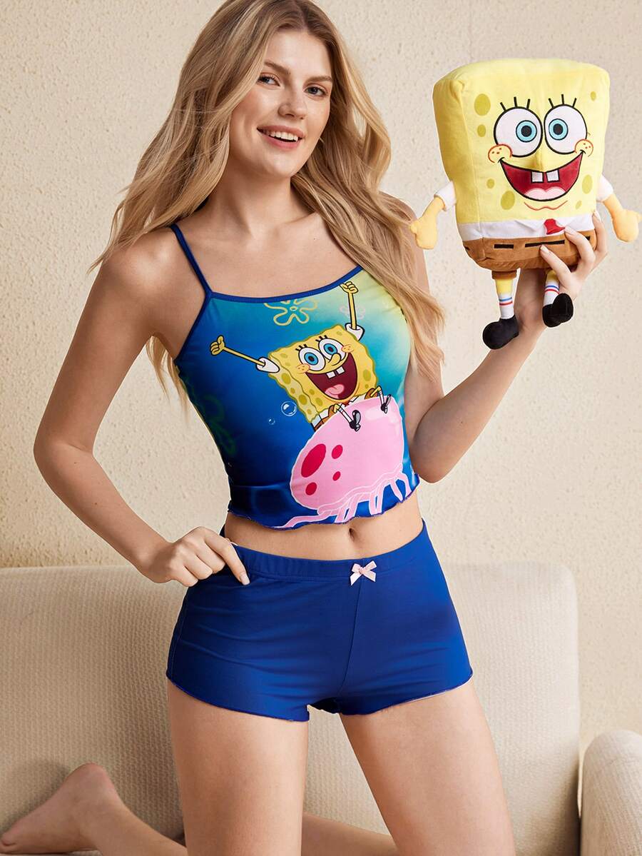 SpongeBob SquarePants | SHEIN Women's Cartoon Print Camisole Top And Shorts Casual Daily Home Sleepwear Set - Blue - View 1