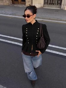 Siren Gaze Autumn/Winter New Vintage Napoleon Style Waist-Cinching Jacket For Women - Black - View 12