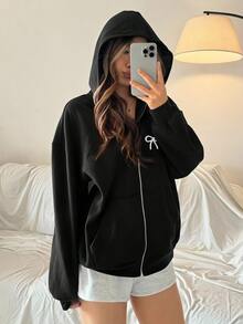 SHEIN 青少年女孩蝴蝶結刺繡圖案拉鍊連帽衛衣 - 黑色 - 查看 3