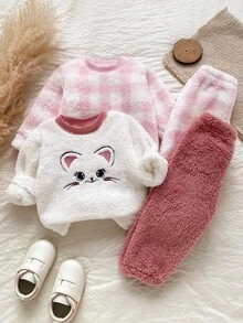 SHEIN Vintaside Kids 女嬰冬季圓領長袖法蘭絨可愛卡通貓刺繡衛衣 格紋長褲 抓皺袖口 甜美風舒適毛茸多件套裝 適合寒冷天氣日常出遊休閒旅行 - 粉色 - 查看 8