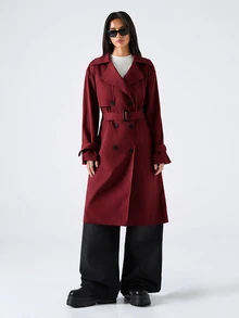 SHEIN EZwear 女款休閒雙排扣風衣外套，秋季 - 酒紅色 - 查看 1
