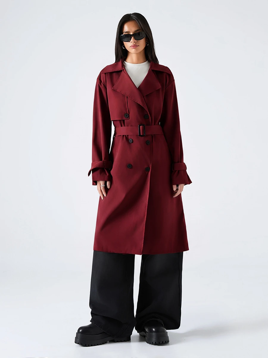 SHEIN EZwear 女款休閒雙排扣風衣外套,秋季 - 酒紅色 - 查看 1