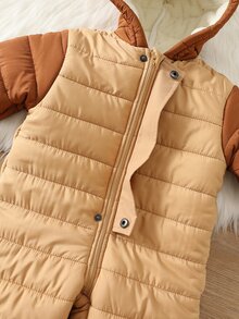 SHEIN 中性新生兒嬰兒男/女童、幼兒秋冬保暖內裡加厚可愛拼色連帽連身雪衣，冬季連身褲 - 棕色 - 查看 5