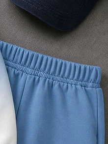 Boys' (Small) Sweatshirt Set, Crew Neck Sweatshirt With Blue-White Gradient Effect, Transitioning From Light Blue To Beige White From Top To Bottom, 3D Logo On Left Chest, Ribbed Cuffs And Hem, Solid Light Blue Sweatpants With Matching Logo On Side, Ribbed Cuffed Ankles - Multicolor - View 5